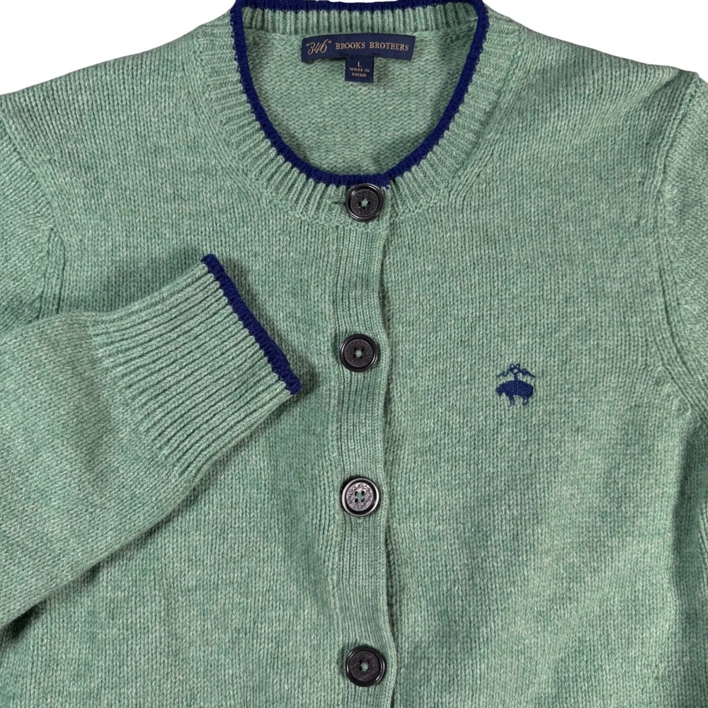 Brooks Brothers 346 Wool Cardigan Women L Green Navy Trim Preppy Classic Sweater